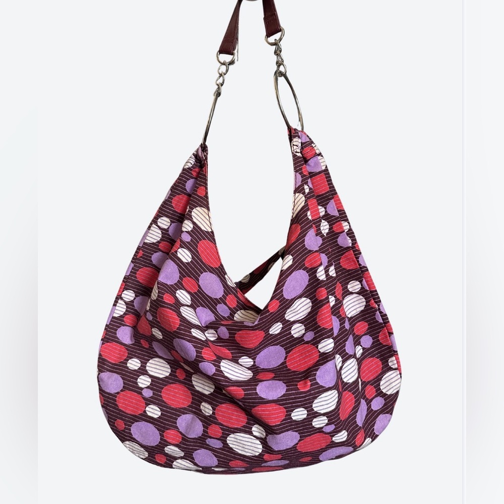 Y2K Hobo Bag polka dot strip pattern W/ Large Silver chain and purple handle